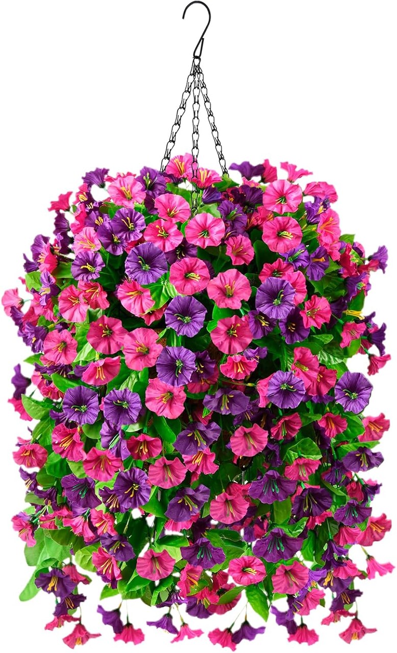 Artificial Faux Hanging Plants Fake Hanging Flowers Baskets Outdoor Spring Decor (Red Purple Double Purple)